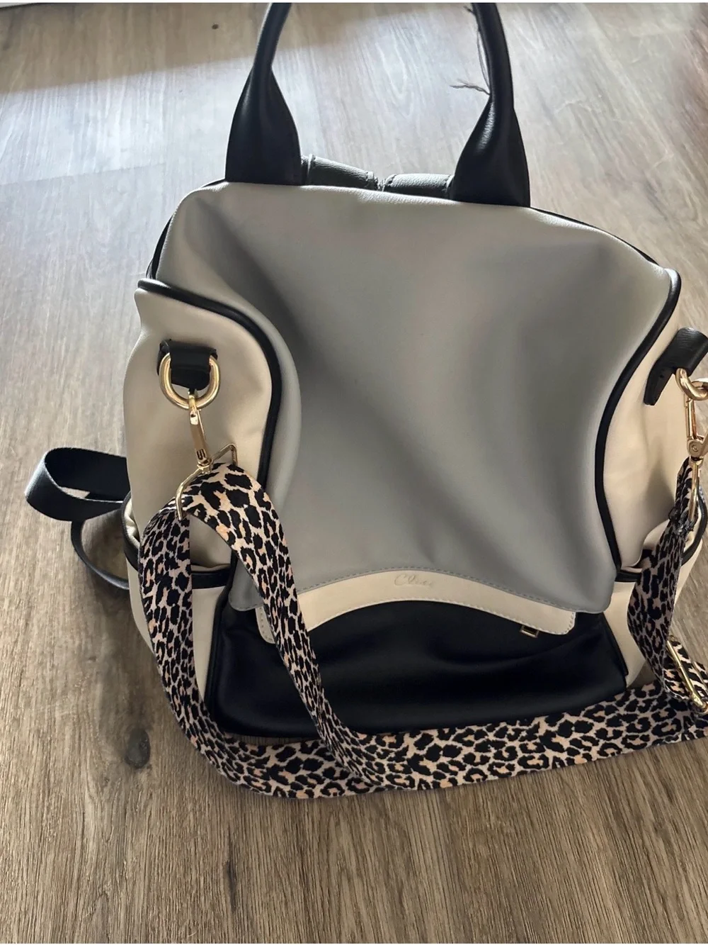 Tri-Tone Navy, White & Gray Leather Backpack with Leopard Strap